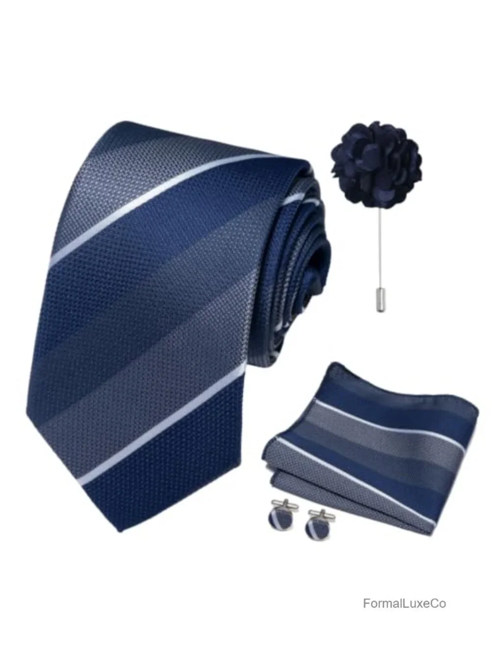 Men's Tie Set with Pocket Square, Cufflinks & Brooch - Formal Microfiber
